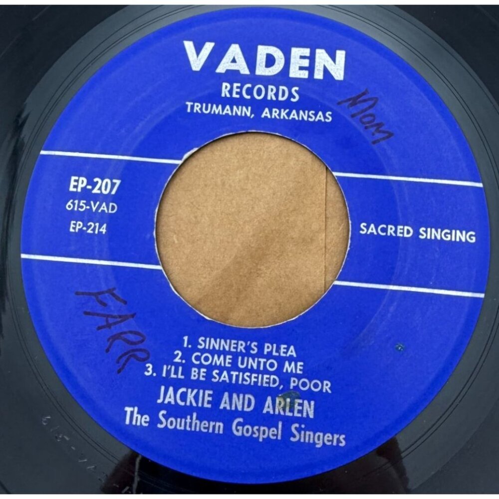 Jackie and Arlen Sinner's Plea 45 Vinyl EP Hillbilly Gospel Vaden 207 Southern